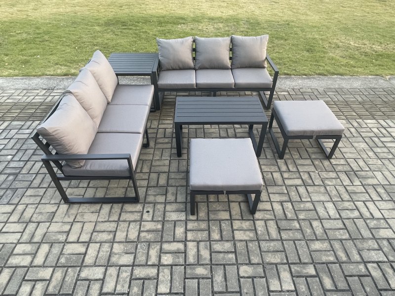 Fimous Aluminium Patio Outdoor Garden Furniture Lounge Sofa Set with Oblong Coffee Table 2 Big Footstools Side Table Dark Grey