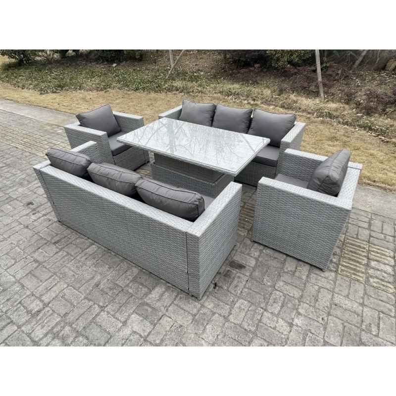 Fimous Rattan Garden Funiture Set Adjustable Rising Lifting Table Sofa Dining Set Lounge Sofa With 2 Arm Chair