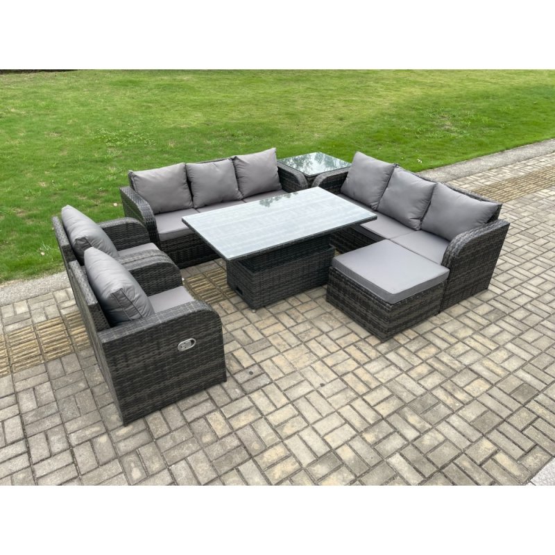 Fimous PE Rattan Outdoor Garden Furniture Sets Height Adjustable Rising lifting DiningTable Sofa Set with Reclining Chair Side Table Footstool Dark Grey Mixed