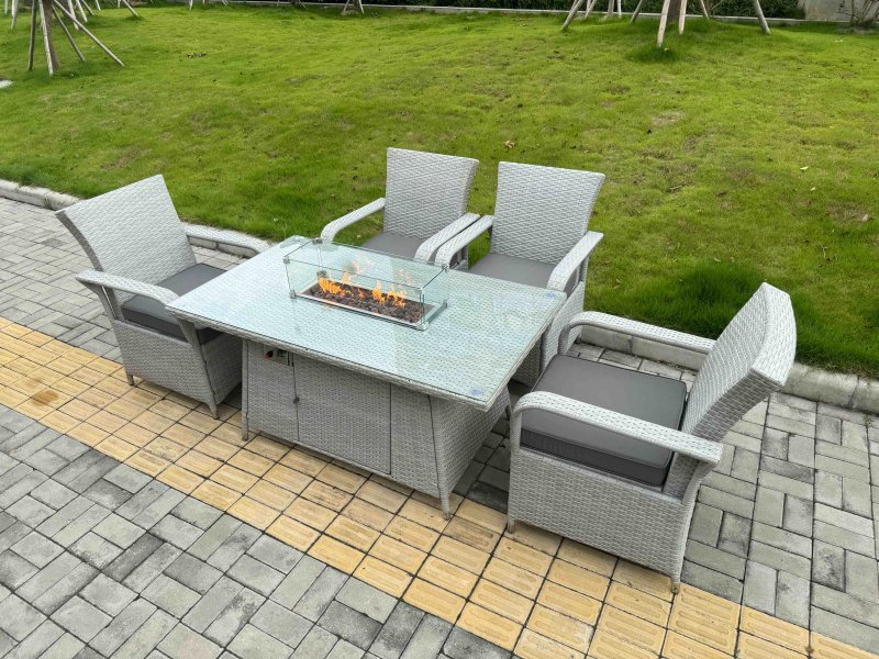 Fimous Light Grey Rattan Outdoor Garden furniture Set Gas Fire Pit Table and 4 Chairs Set with Seat Cushion