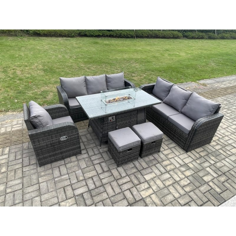 Fimous 9 Seater Wicker Rattan Garden Furniture Set Gas Fire Pit Dining Table Reclining Chair 3 Seater Sofa Set Indoor Outdoor with 2 Small Footstools