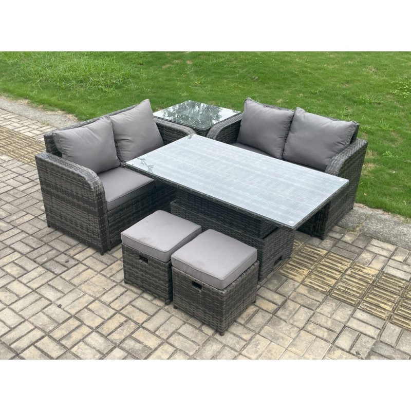 Fimous Outdoor Rattan Furniture Garden Dining Set Height Adjustable Rising lifting Table Love Sofa Set With Side Table 2 Small Footstool Dark Grey Mixed