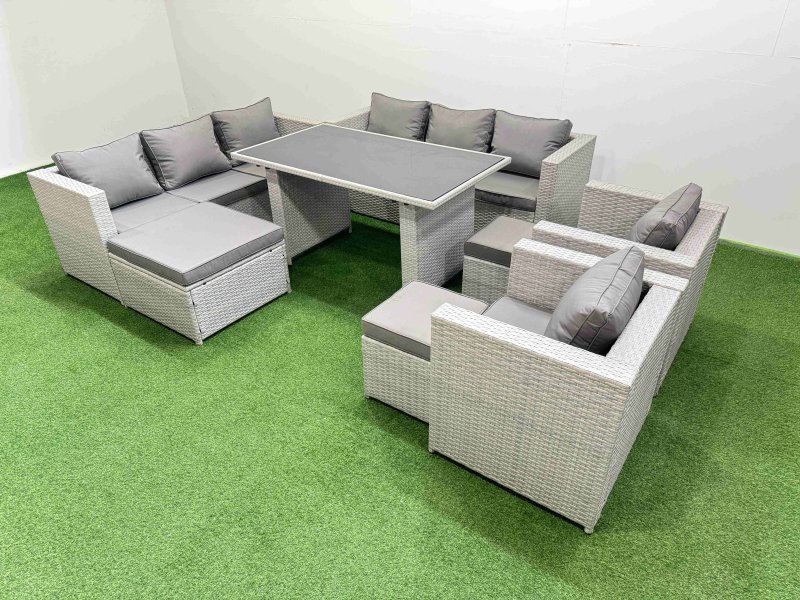 Fimous 11 Seater Wicker PE Rattan Furniture Outdoor Dining Table 3 Seater Sofa Armchair Set with 3 Stools Light Grey