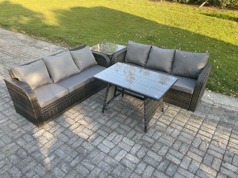 Fimous Garden Furniture Sofa Set Rectangular Dining Table Indoor Outdoor 6 Seater Rattan Set Dark Grey Mixed
