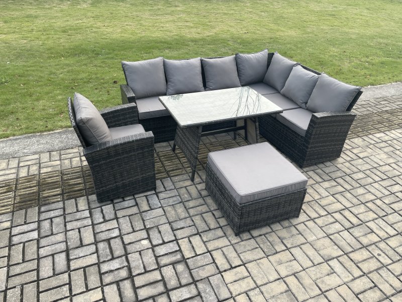 Fimous High Back Outdoor Garden Furniture Set Rattan Corner Sofa Dining Table Set With Armchair Big Footstool 8 Seater Dark Grey Mixed