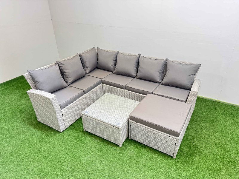 Fimous Outdoor Rattan Garden Furniture Set 7 Seater Corner Sofa Sets with Square Coffee Table Big Footstool Light Grey Mixed