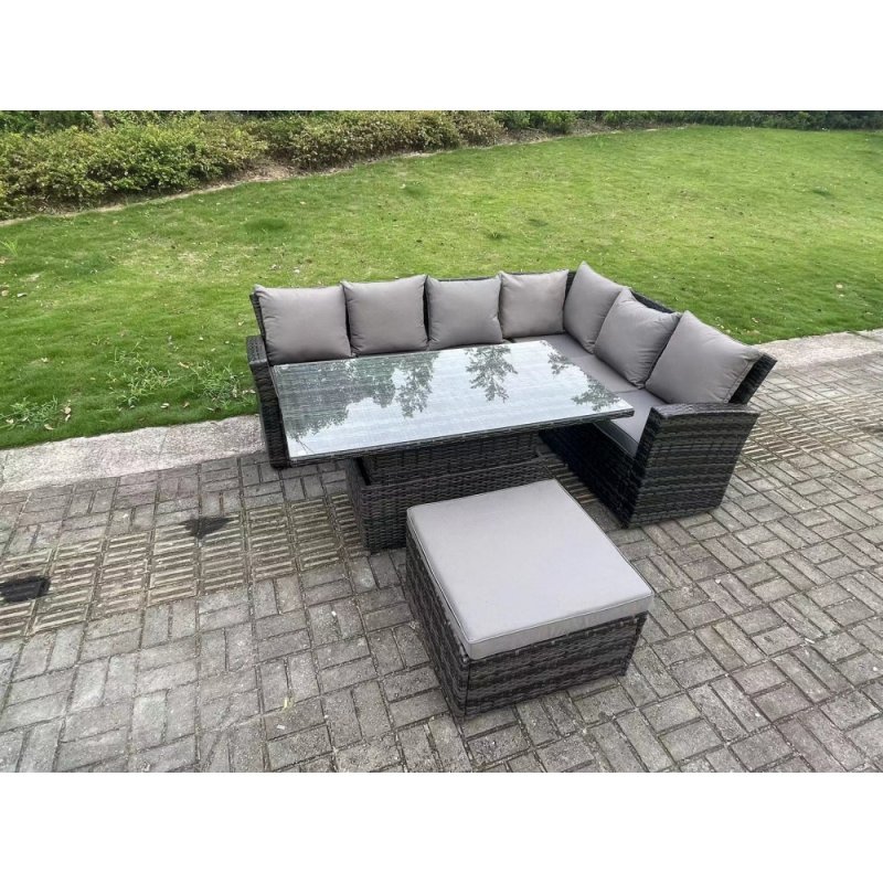 Fimous 7 Seater?Outdoor Rattan High Back Adjustable Rising Lifting Dining Table Corner Sofa Set Garden Furniture Dark Grey Mixed Right Hand