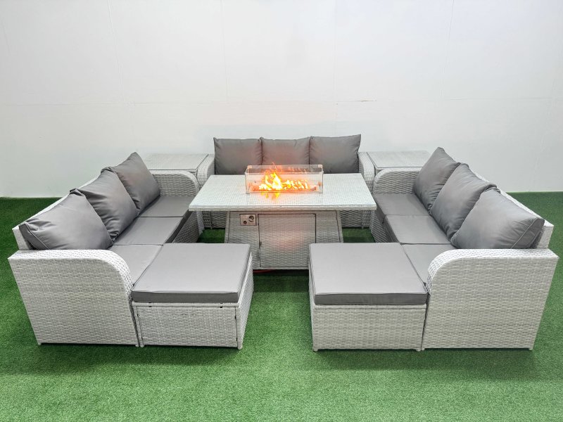 Fimous PE Rattan Lounge Sofa Set 11 Seater Outdoor Garden Furniture Set with Firepit Dining Table 3 Seater Sofa 2 Big Footstools 2 Side Table Light Grey