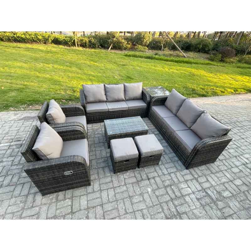 Fimous Rattan Outdoor Garden Furniture Sofa Set Patio Table & Chairs Set with 3 Seater Sofa Reclining Chair Side Table 2 Small Footstools Dark Grey Mixed