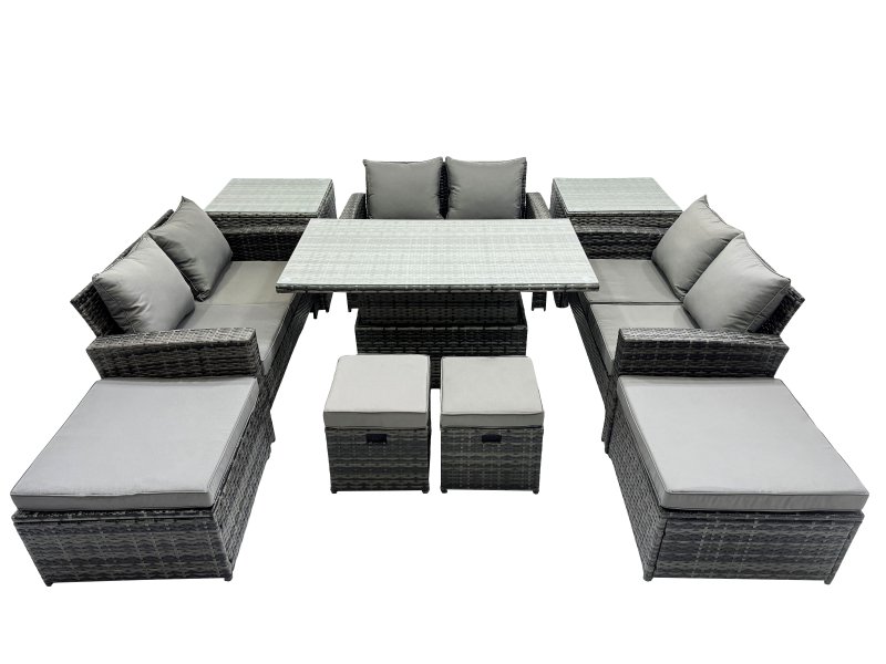 Fimous Outdoor Love Sofa Set 10 Seat Rattan Garden Furniture Set with Adjustable Lifting Dining or Coffee Table 2 Side Tables Dark Grey Mixed