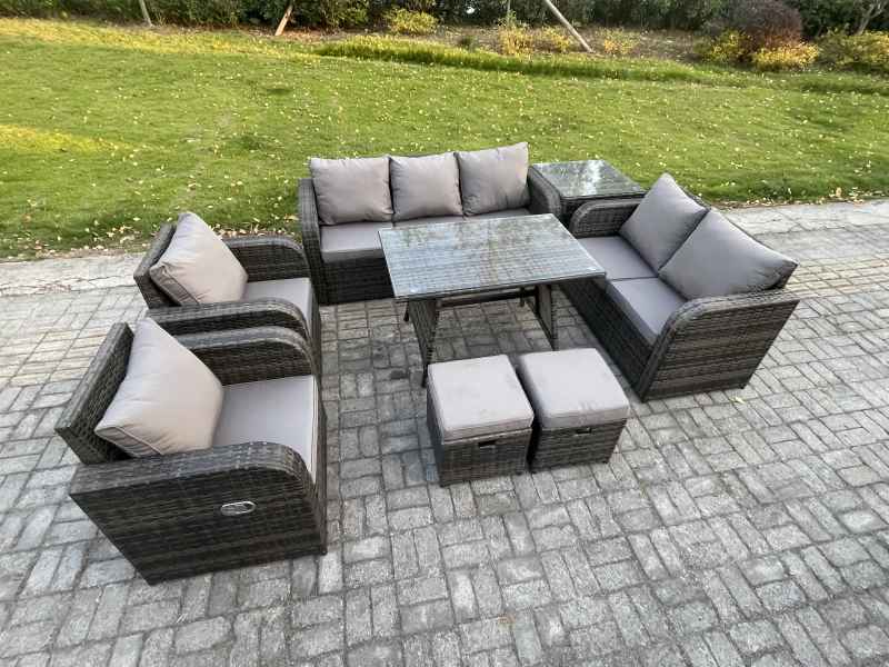 Fimous 9 Seater High Back PE Rattan Sofa Set Outdoor Garden Furniture Dining Table Set With Reclining Chair 3 Seater Sofa Love Sofa 2 Small Footstools Side Table