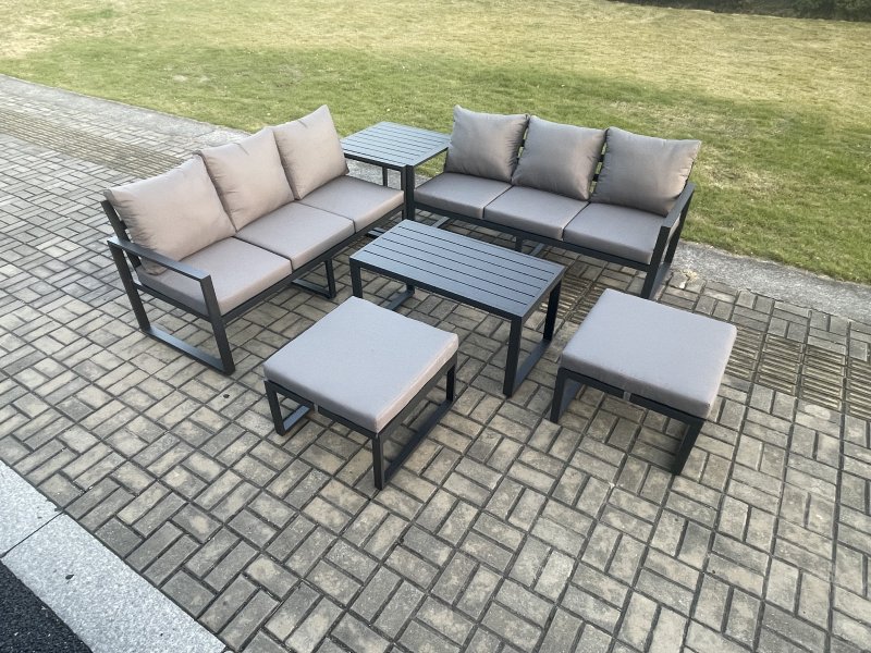 Fimous Aluminium Patio Outdoor Garden Furniture Lounge Sofa Set with Oblong Coffee Table 2 Big Footstools Side Table Dark Grey