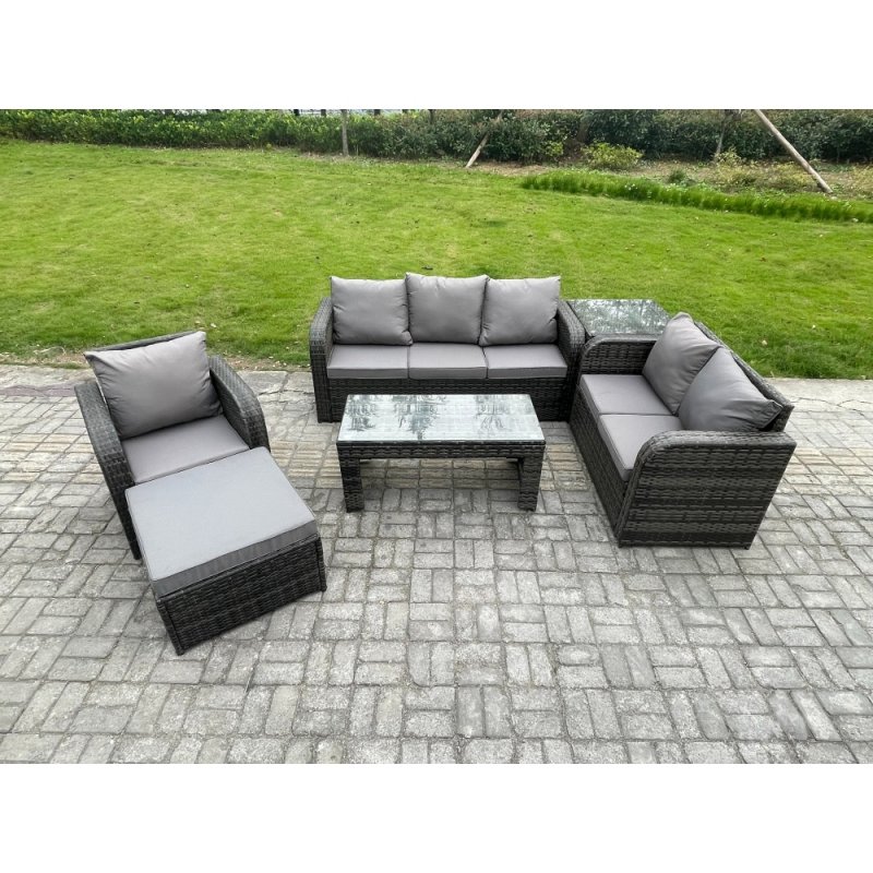 Fimous 7 Seater Outdoor Rattan Garden Furniture Set Rattan Lounge Sofa Set with Rectangular Coffee Table Reclining Chair Big Footstool Side Table Dark Grey Mixed