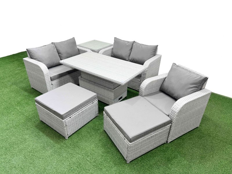 Fimous High Back Poly Rattan Garden Furniture Set with Reclining Chair Loveseat Sofa Adjustable Lifting Dining or Coffee Table Indoor Outdoor Patio Set 2 Big Stool Side Table Light Grey