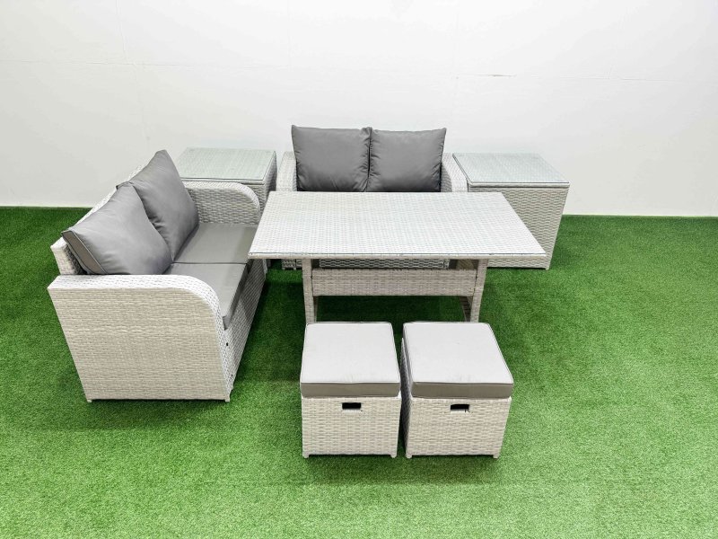 Fimous 6 Seater Outdoor Love Sofa Set Rattan Garden Furniture Set with Rectangular Dining Table 2 Small Stools 2 Side Tables Light Grey