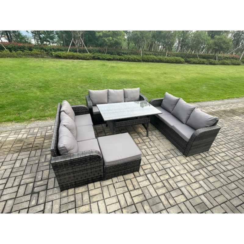 Fimous Patio Rattan Garden Furniture Set with Oblong Rectangular Dining Table Big Footstool 10 Seater Outdoor Lounge Sofa Set Dark Grey Mixed