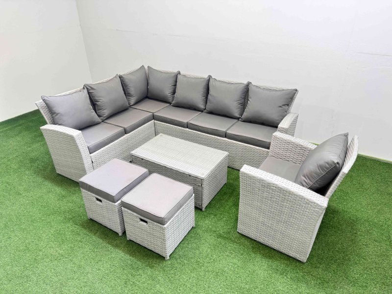 Fimous 9 Seater Garden Outdoor PE Rattan Furniture Set Rattan Garden Sofa Set with 2 Small Footstools Light Grey Mixed
