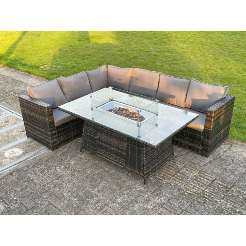 Fimous 6 Seater Outdoor Rattan Garden Corner Sofa Furniture Gas Fire Pit Table Sets Gas Heater Lounge Dark Grey