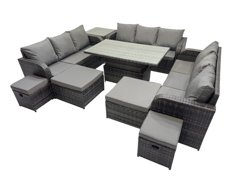 Fimous Rattan Garden Furniture Dining Set 13-seater Patio Height Adjustable Rising Lifting Table Sofa Set with Side Table Dark Grey Mixed