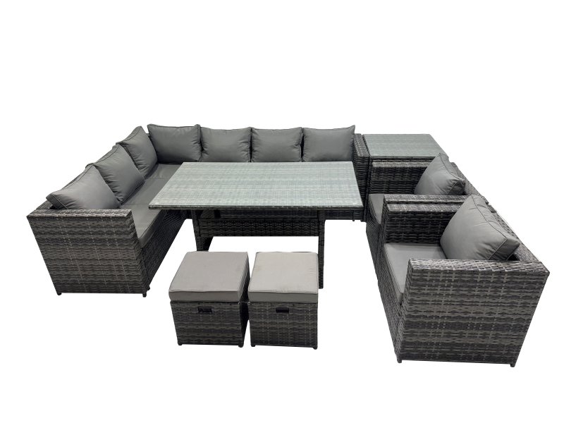 Fimous Outdoor PE Rattan Sofa Set with Dining Table Patio Garden Furniture Sets with 2 Small Stools Side Table Dark Grey Mixed