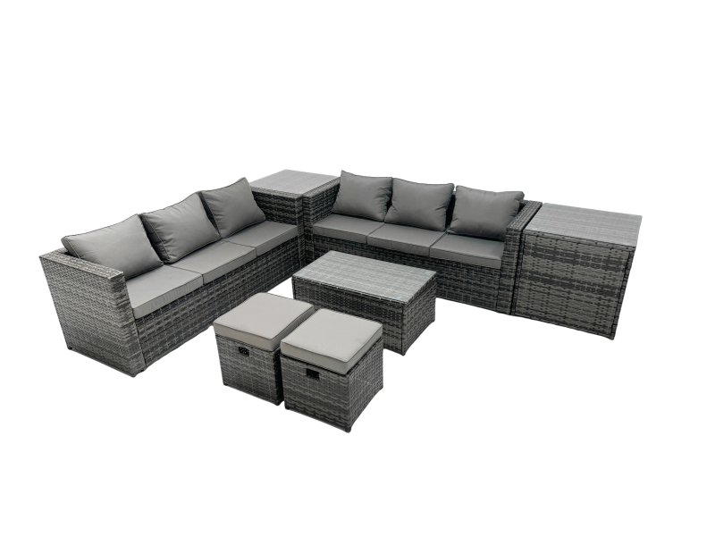 Fimous Rattan Garden Furniture Dining Set 8-seater Patio Coffee Table Sofa Set with Side Table 2 Small Footstools Dark Grey Mixed