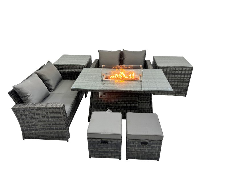 Fimous Outdoor Love Sofa Set 6 Seat Rattan Garden Furniture Set with Gas Firpit Dining Table 2 Side Table Dark Grey Mixed