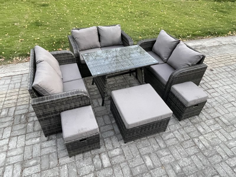 Fimous Outdoor Rattan Garden Furniture Set 9 Seater Patio Love Sofa Set with Rectangular Dining Table 3 Footstools Dark Grey Mixed