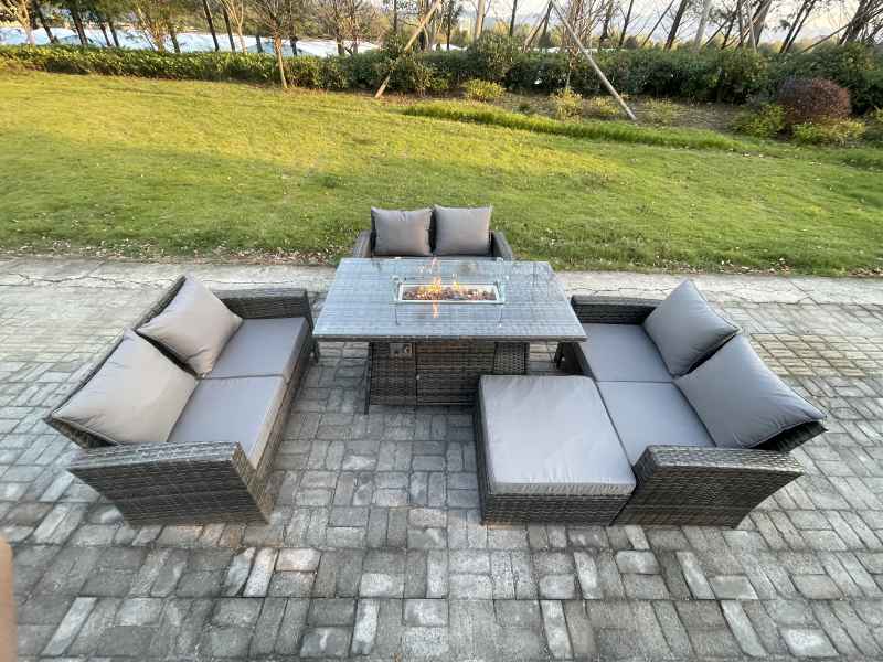 Fimous Outdoor Garden Dining Sets 7 Seater Rattan Patio Furniture Sofa Set with Gas Firepit Table Double Seat Sofa Big Footstool Dark Grey Mixed