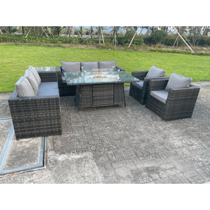 Fimous 8 Seater Outdoor Rattan Garden Furniture Gas Fire Pit Table Sets Gas Heater Lounge Chairs Side Coffee Tea Table Dark Grey