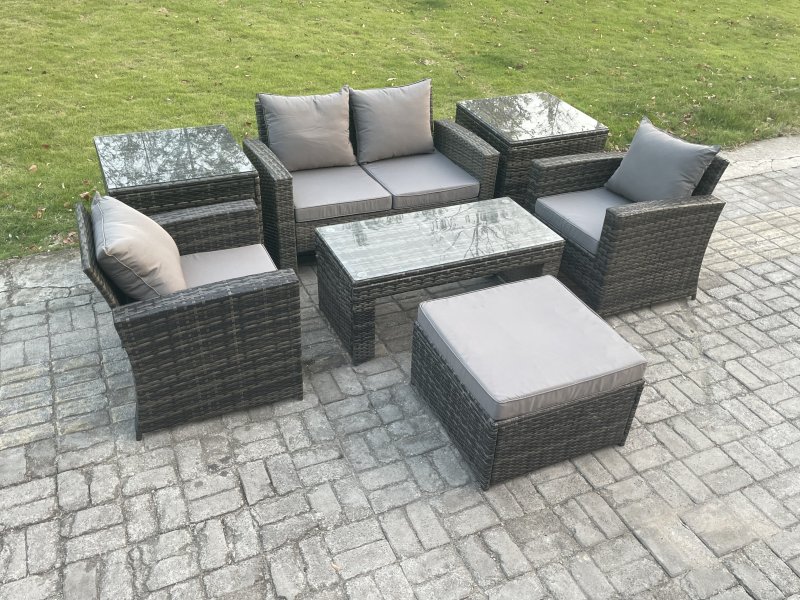 Fimous 5 Seater Outdoor Rattan Garden Furniture Set Patio Lounge Sofa Set with Coffee Table 2 Side Tables Big Footstool Dark Grey Mixed