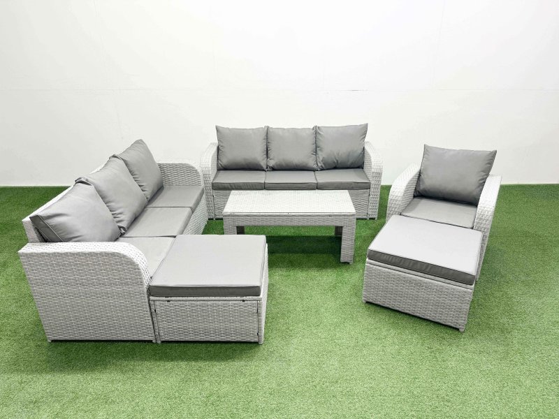 Fimous 9 Seater Poly Rattan Outdoor Garden Furniture Oblong Coffee Table Sofa Set Patio 3 Seater Sofa Reclining Chair 3 Seater Sofa 2 Big Footstools Light Grey