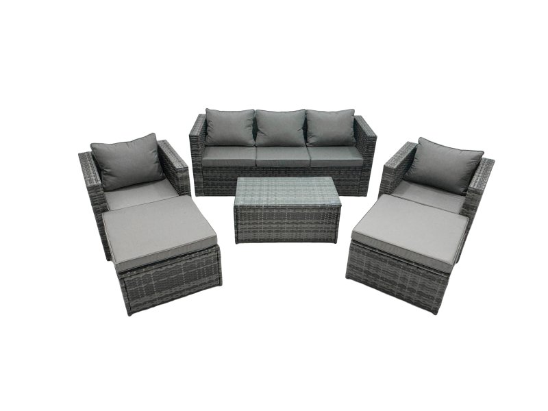 Fimous Rattan Garden Furniture Dining Set 7-seater Patio Coffee Table Sofa Set with 2 Armchair 2 Big Footstools Dark Grey Mixed