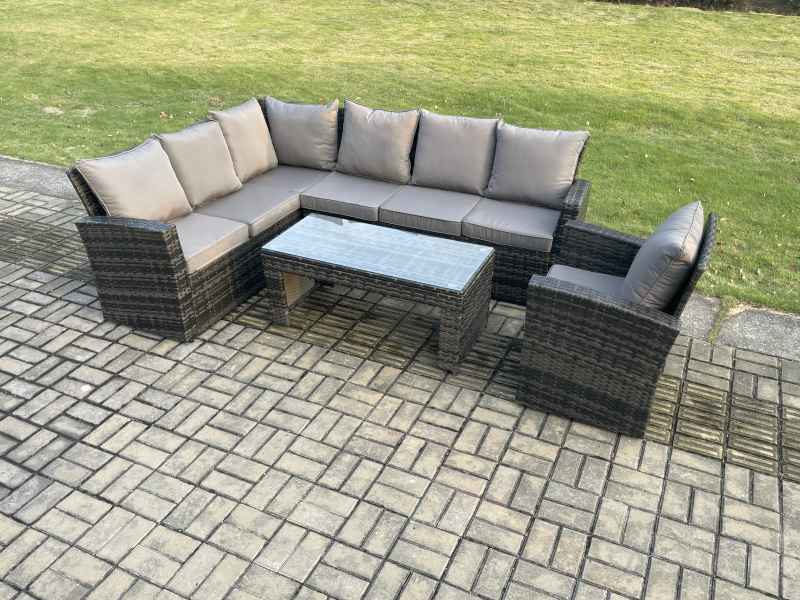 Fimous 7 Seat Rattan Garden Furniture Corner Sofa Set Outdoor Patio Chair Sofa Table Set Dark Grey Mixed