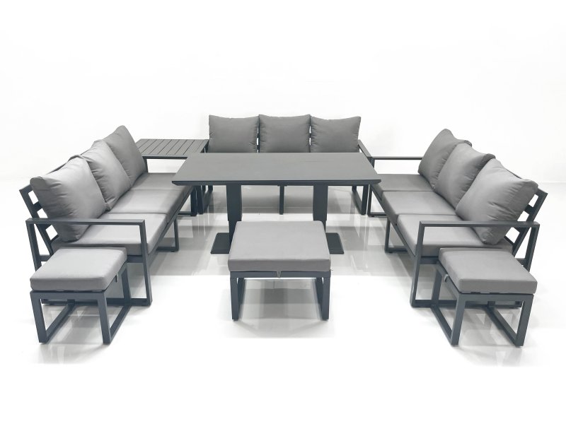 Fimous 12 Seater Garden Sofa Set Aluminium Furniture Rising Dining Tabe Set with Side Table 3 Footstools Dark Grey