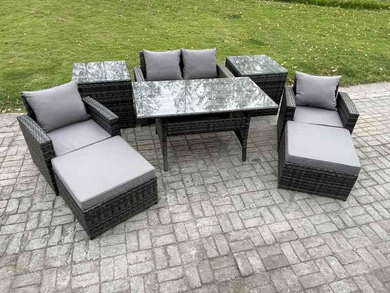 Fimous Outdoor Lounge Sofa Garden Furniture Set Rattan Rectangular Dining Table with Double Seat Sofa Armchair 2 Big Footstool 2 Side Tables 6 Seater Dark Grey Mixed