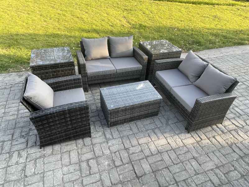 Fimous Rattan Garden Furniture Set 5 Seater Patio Outdoor Lounge Sofa Chair Set with 2 Side Tables Rectangular Coffee Table Dark Grey Mixed