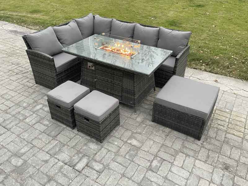 Fimous Rattan Garden Furniture High Back Corner Sofa Gas Fire Pit Dining Table Sets Gas Heater with 3 Footstools 9 Seater Dark Grey Mixed