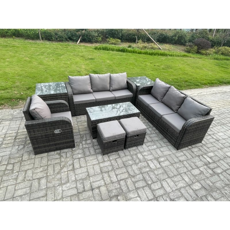 Fimous Outdoor Lounge Sofa Set 9 Seater Rattan Garden Furniture Set with Rectangular Coffee Table 2 Small Footstools 3 Seater Sofa 2 Side Tables Dark Grey Mixed