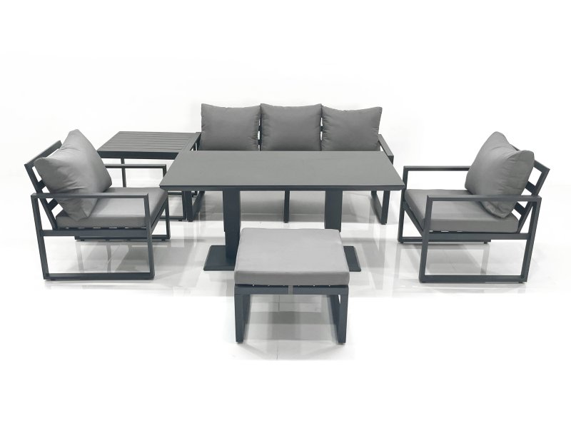 Fimous Outdoor Aluminium Garden Furniture Set with Adjustable Rising Lifting Dining Table 3 Seater Sofa 2 Chair Big Footstool Side Table Dark Grey