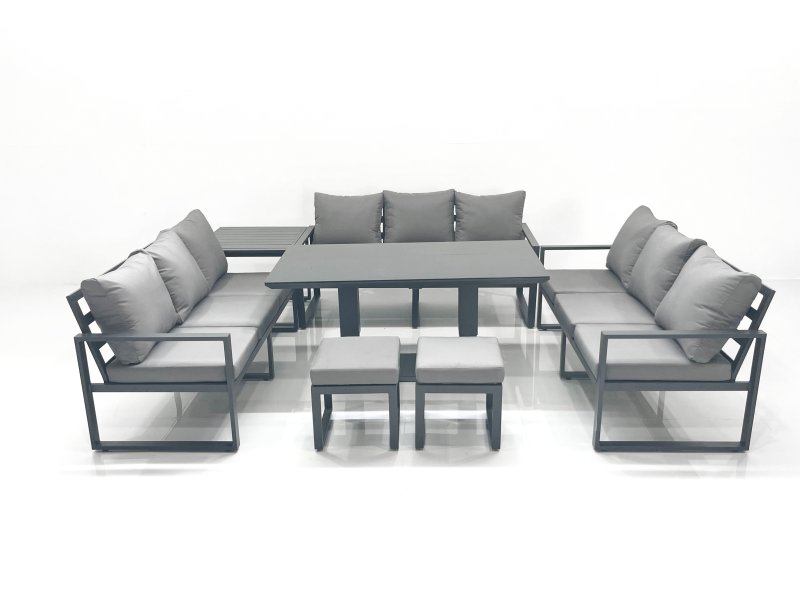 Fimous 11 Seater Garden Sofa Set Aluminium Furniture Rising Dining Tabe Set with Side Table 2 Small Footstools Dark Grey