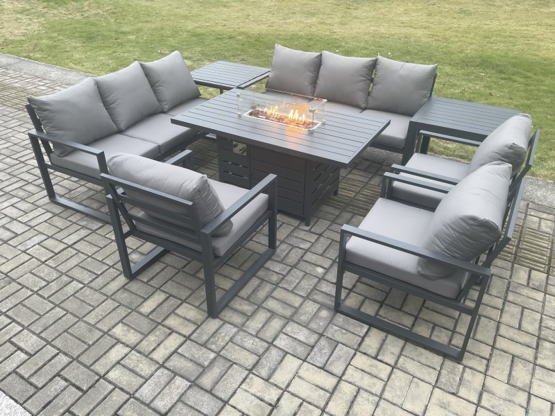 Fimous Aluminium Garden Furniture Outdoor Set Patio Lounge Sofa Gas Fire Pit Dining Table Set with 3 Armchair 2 Side Table Dark Grey