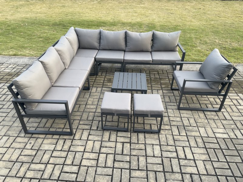 Fimous Aluminium Outdoor Garden Furniture Set Lounge Corner Sofa Chair Square Coffee Table Sets with 2 Small Footstools Dark Grey