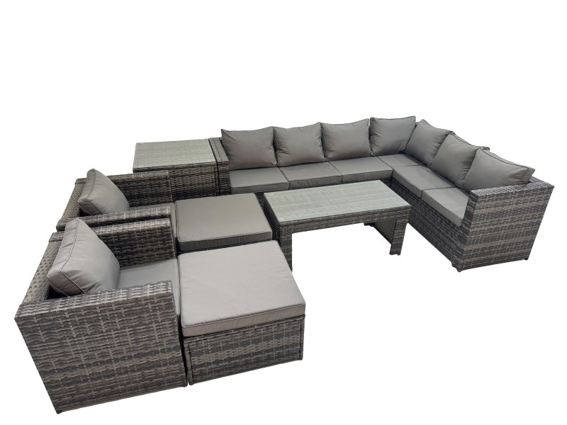 Fimous Outdoor Rattan Oblong Coffee Table Corner Sofa Sets Garden Furniture Set with 2 Chairs 2 Big Stools Side Table Dark Grey Mixed