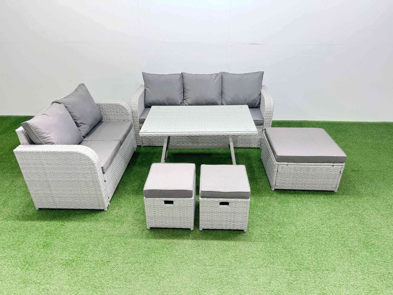 Fimous Outdoor PE Rattan Garden Furniture Set Rectangular Dining Table Sofa Set with 3 Stool Light Grey