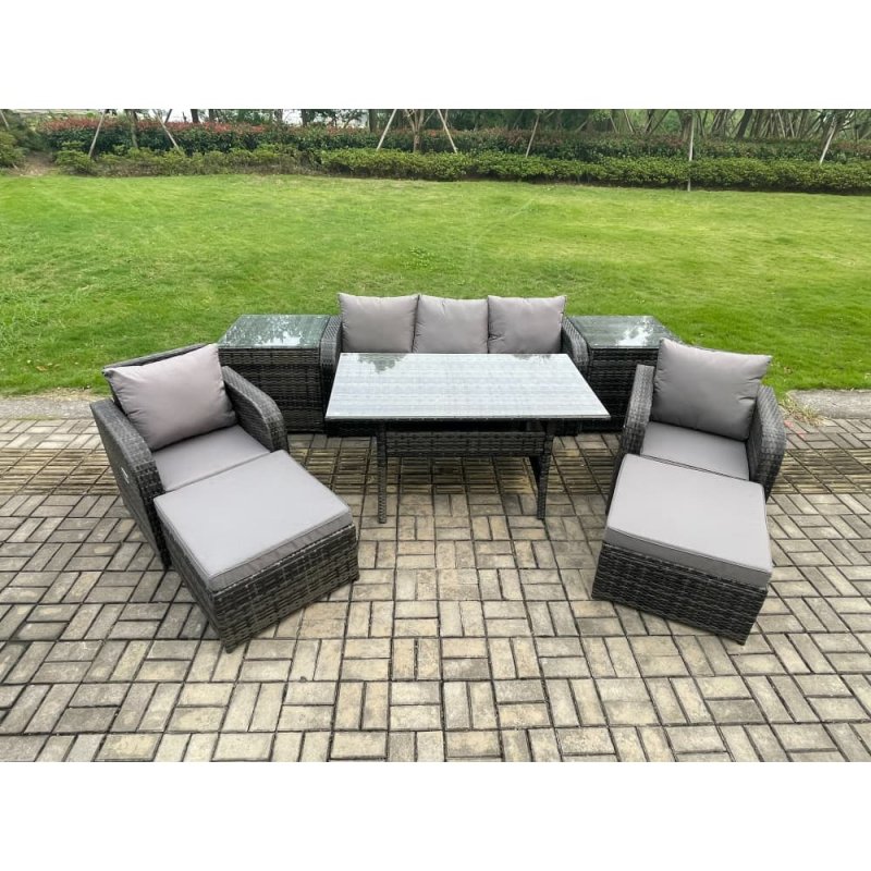 Fimous Rattan Outdoor Garden Furniture Set Rectangular Dining Table and Chair Sofa Set With 2 Side Tables 2 Big Footstool 7 Seater Dark Grey Mixed