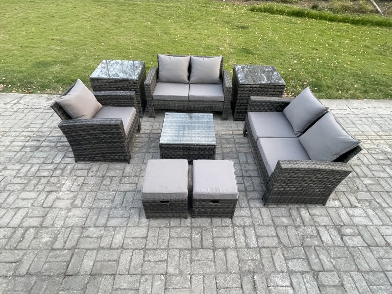 Fimous 7 Seater Outdoor Rattan Garden Furniture Set Conservatory Patio Sofa Coffee Table Set with Chair 2 Side Tables 2 Small Footstools Dark Grey Mixed