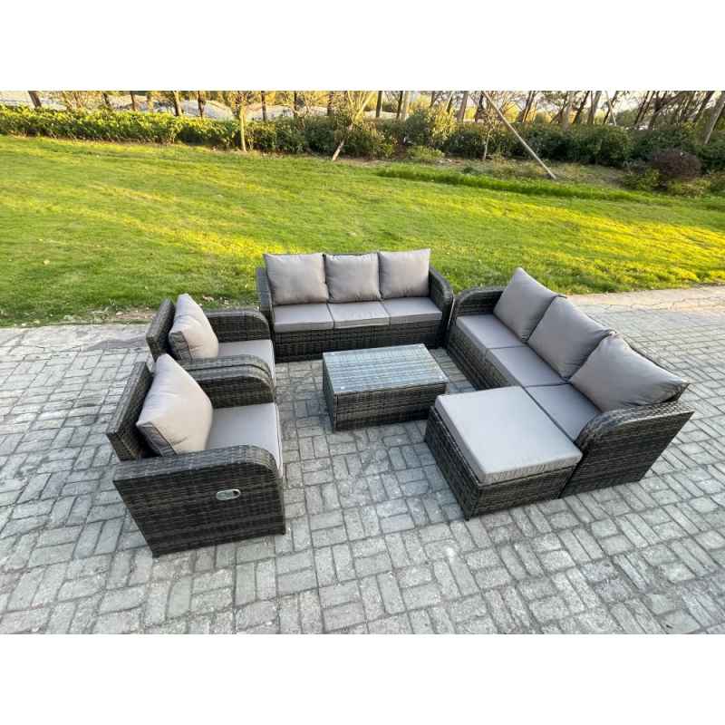 Fimous Rattan Outdoor Garden Furniture Sofa Set Patio Table & Chairs Set with 3 Seater Sofa Reclining Chair Big Footstool Dark Grey Mixed