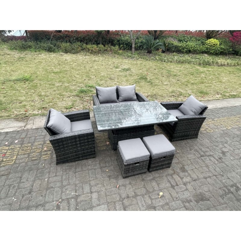 Fimous Rattan Outdoor Furniture Adjustable Rising Lifting Rectangle Dining Table Chairs Two Seater Love Sofa Sets Footstools 6 Seater