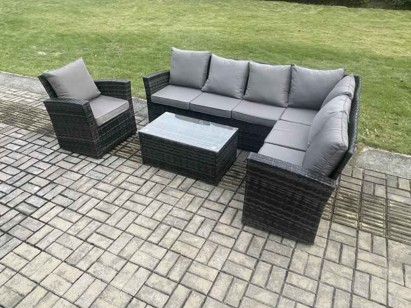 Fimous Rattan Garden Furniture Corner Sofa Set 4 Pieces Outdoor Patio Sofa Chair Table Set with Rectangular Coffee Table Dark Grey Mixed