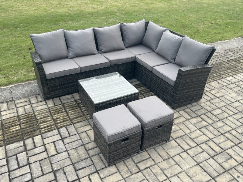 Fimous Rattan Garden Furniture Set Outdoor Lounge Corner Sofa Set With Square Coffee Table 2 Small Footstools 8 Seater Dark Grey Mixed